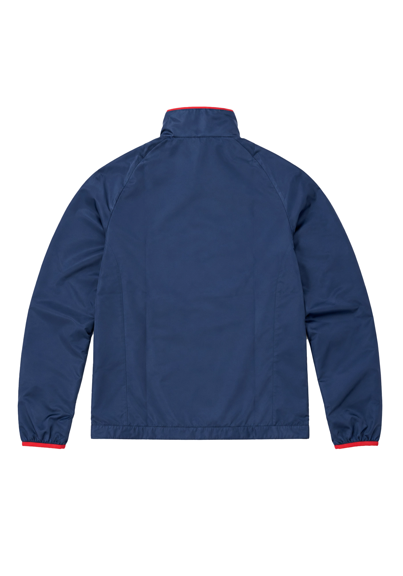 Navy and royal blue Ted Lasso inspired track jacket with red trim, chest graphics, raised collar, long sleeves, and front zipper