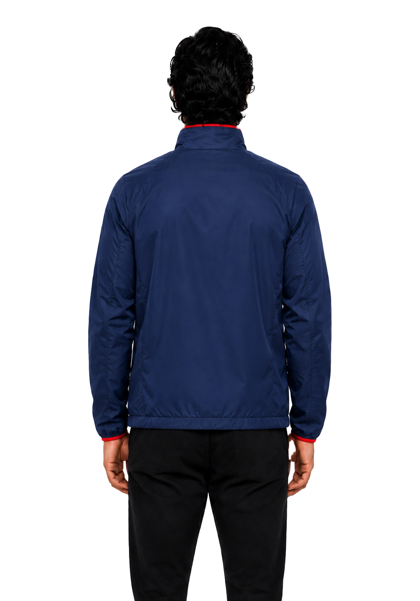 Navy and royal blue Ted Lasso inspired track jacket with red trim, chest graphics, raised collar, long sleeves, and front zipper