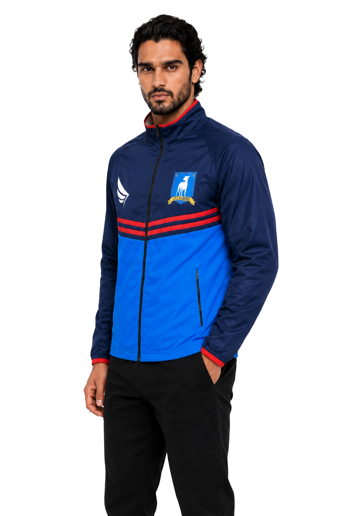 Navy and royal blue Ted Lasso inspired track jacket with red trim, chest graphics, raised collar, long sleeves, and front zipper