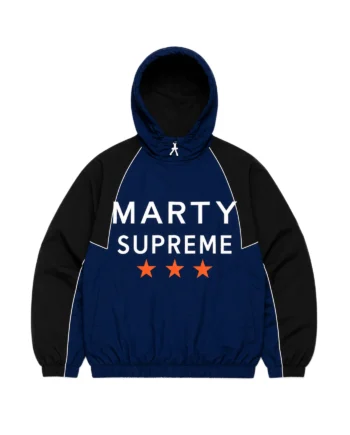 Navy blue and black Marty Supreme inspired hooded jacket with white piping, bold front lettering, orange stars, and long sleeves
