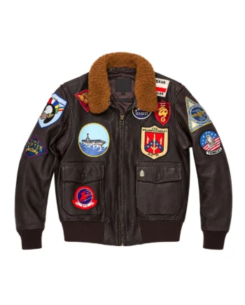 Dark brown Maverick-inspired flight jacket with brown fur collar, front zipper, colorful squadron patches, flap pockets, and decorated back