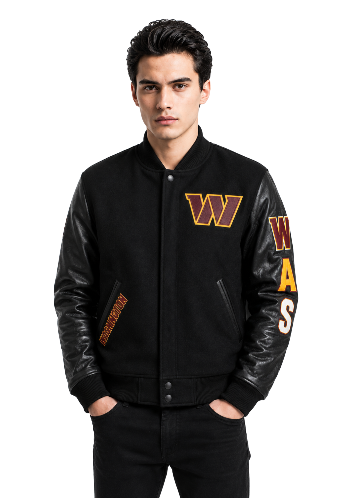 Black Washington Commanders varsity jacket shown front, back, and side with rib-knit trim, button front, sleeve lettering, and large back graphics.