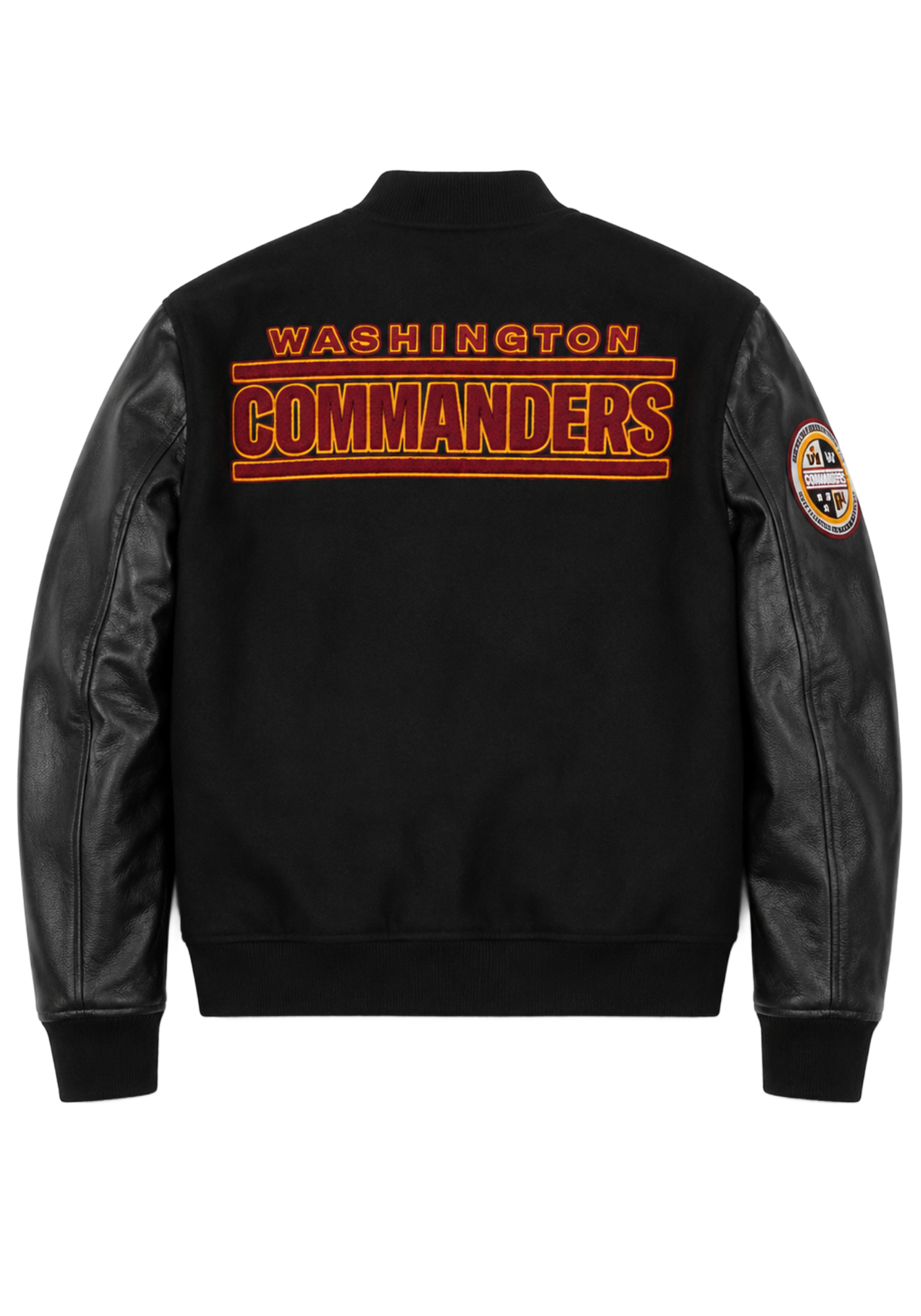 Black Washington Commanders varsity jacket shown front, back, and side with rib-knit trim, button front, sleeve lettering, and large back graphics.