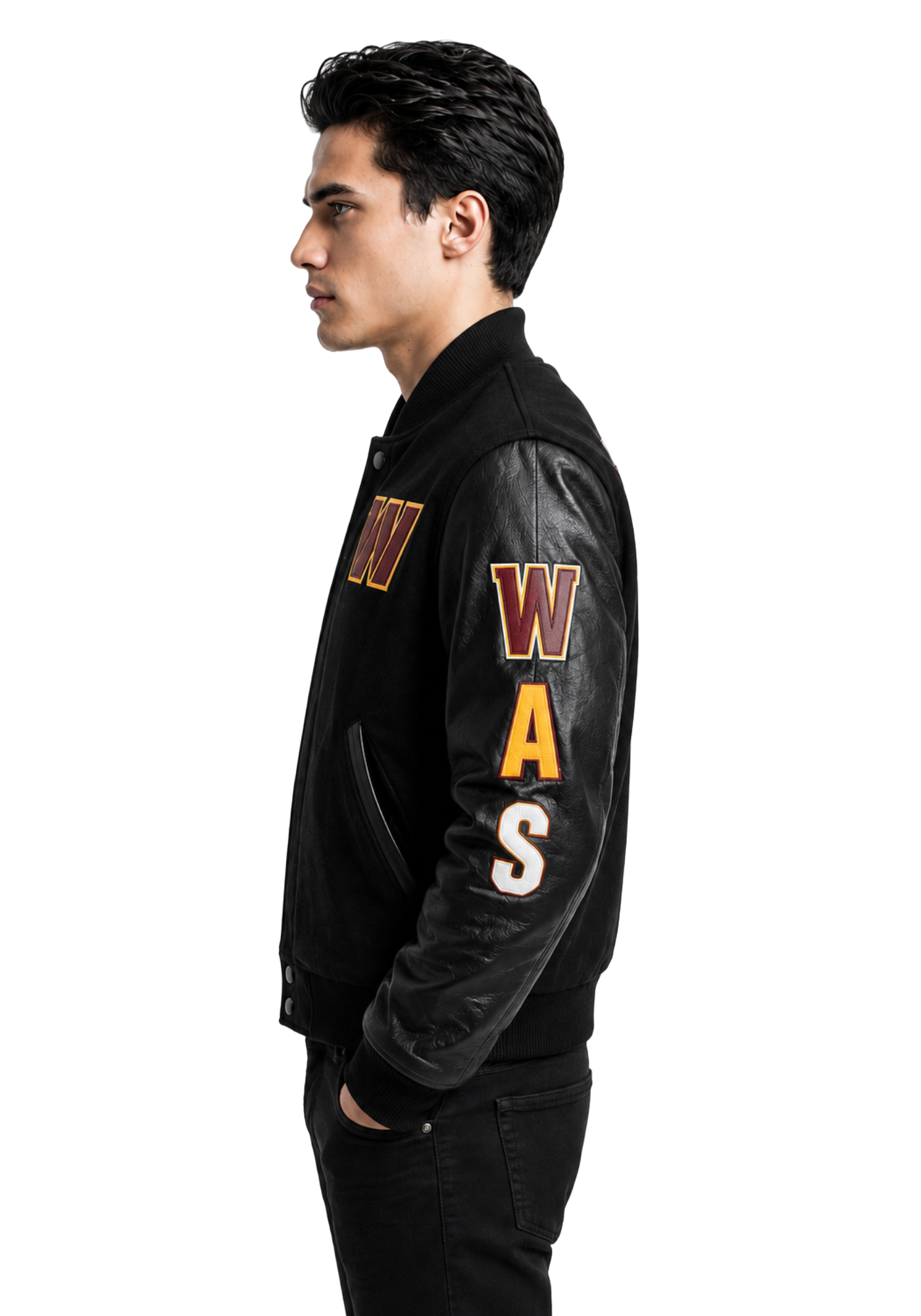 Black Washington Commanders varsity jacket shown front, back, and side with rib-knit trim, button front, sleeve lettering, and large back graphics.