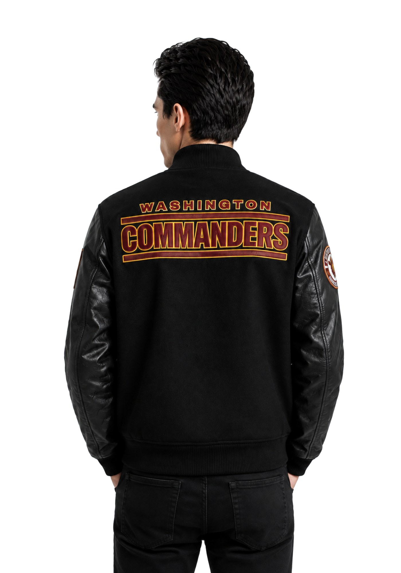 Black Washington Commanders varsity jacket shown front, back, and side with rib-knit trim, button front, sleeve lettering, and large back graphics.